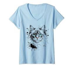 Damen Kunstvolle Katze mit türkisen Augen und Farbspritzer T-Shirt mit V-Ausschnitt von MyAnimal - Your Favourite Animal Wear