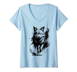 Damen Modischer Wolf mit blauen Augen im künstlerischen Design T-Shirt mit V-Ausschnitt von MyAnimal - Your Favourite Animal Wear