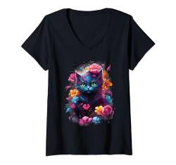 Damen Niedliche Katze in bunten Blumen T-Shirt mit V-Ausschnitt von MyAnimal - Your Favourite Animal Wear