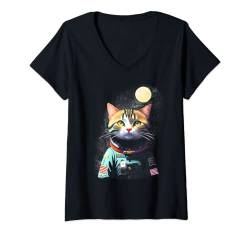Damen Süße Astronauten-Katze im Weltall mit Mond im Hintergrund T-Shirt mit V-Ausschnitt von MyAnimal - Your Favourite Animal Wear