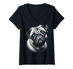 Damen Süßer Mops Hund mit türkisen Augen im kunstvollem Design T-Shirt mit V-Ausschnitt von MyAnimal - Your Favourite Animal Wear
