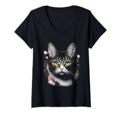 Damen Super süße Katze in einem Feld aus Blumen T-Shirt mit V-Ausschnitt von MyAnimal - Your Favourite Animal Wear