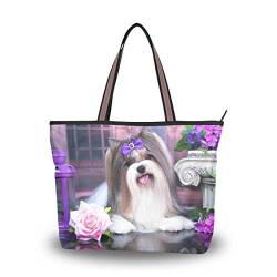 MyDaily Modische Schultertasche für Frauen, Hund Biewer Yorkshire Terrier Blumen Handtaschen groß, Mehrfarbig - mehrfarbig - Größe: Medium von MyDaily