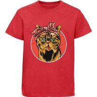 MyDesign24 Print-Shirt bedrucktes Kinder Mädchen T-Shirt Katze mit Schleife Baumwollshirt mit Katze, weiß, schwarz, rot, rosa, i103 von MyDesign24