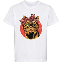 MyDesign24 Print-Shirt bedrucktes Kinder Mädchen T-Shirt Katze mit Schleife Baumwollshirt mit Katze, weiß, schwarz, rot, rosa, i103 von MyDesign24
