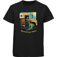 MyDesign24 Print-Shirt bedrucktes Kinder T-Shirt - Dino mit Schulbus Einschulung 2024 Baumwollshirt mit Dino, schwarz, weiß, rot, blau, i93 von MyDesign24