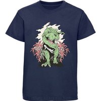 MyDesign24 Print-Shirt bedrucktes Kinder T-Shirt T-Rex der aus einem Busch kommt 100% Baumwolle mit Dino Aufdruck, schwarz, weiß, rot, blau, i101 von MyDesign24