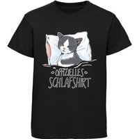 MyDesign24 Print-Shirt bedrucktes Mädchen T-Shirt Katze auf Kissen - Schlafshirt Baumwollshirt mit Aufdruck, weiß, schwarz, rot, rosa, i126 von MyDesign24