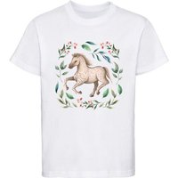 MyDesign24 Print-Shirt bedrucktes Mädchen T-Shirt - Laufendes Pferd im Blumenkranz Baumwollshirt mit Aufdruck, i161 von MyDesign24