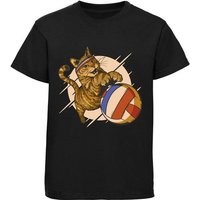 MyDesign24 Print-Shirt bedrucktes Mädchen T-Shirt eine Katze beim Volleyball Baumwollshirt mit Aufdruck, weiß, schwarz, rot, i121 von MyDesign24