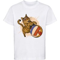 MyDesign24 Print-Shirt bedrucktes Mädchen T-Shirt eine Katze beim Volleyball Baumwollshirt mit Aufdruck, weiß, schwarz, rot, i121 von MyDesign24