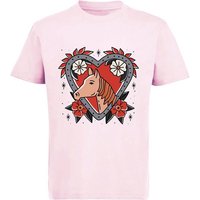 MyDesign24 Print-Shirt bedrucktes Mädchen T-Shirt mit Pferd im Blumenherz Baumwollshirt mit Aufdruck, weiß, schwarz, rot, rosa, i137 von MyDesign24