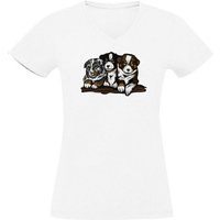 MyDesign24 T-Shirt Damen Hunde Print Shirt - Drei Hundewelpen V-Ausschnitt Baumwollshirt mit Aufdruck Slim Fit, i215 von MyDesign24