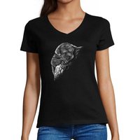 MyDesign24 T-Shirt Damen Hunde Print Shirt - Hundewelpe schlafend auf Mond V-Ausschnitt Baumwollshirt mit Aufdruck Slim Fit, i260 von MyDesign24