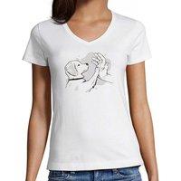 MyDesign24 T-Shirt Damen Hunde Print Shirt - Hundewelpen gibt high five V-Ausschnitt Baumwollshirt mit Aufdruck Slim Fit, i241 von MyDesign24