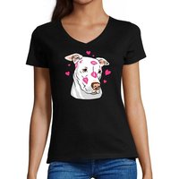 MyDesign24 T-Shirt Damen Hunde Print Shirt bedruckt - Hundekopf mit Herzen V-Ausschnitt Baumwollshirt mit Aufdruck, Slim Fit, i229 von MyDesign24