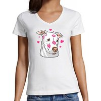 MyDesign24 T-Shirt Damen Hunde Print Shirt bedruckt - Hundekopf mit Herzen V-Ausschnitt Baumwollshirt mit Aufdruck, Slim Fit, i229 von MyDesign24