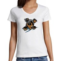 MyDesign24 T-Shirt Damen Hunde Print Shirt bedruckt - Süßer Hundewelpe V-Ausschnitt Baumwollshirt mit Aufdruck, Slim Fit, i227 von MyDesign24