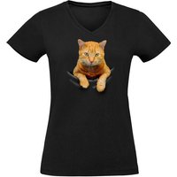 MyDesign24 T-Shirt Damen Katzen Print Shirt bedruckt - Gelbe Katze in der Tasche Slim Fit, i109, Baumwollshirt mit Aufdruck von MyDesign24