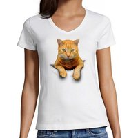 MyDesign24 T-Shirt Damen Katzen Print Shirt bedruckt - Gelbe Katze in der Tasche Slim Fit, i109, Baumwollshirt mit Aufdruck von MyDesign24