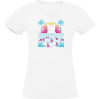 MyDesign24 T-Shirt Damen Katzen Print Shirt bedruckt - Katze im bunten Computer Stil V-Ausschnitt Baumwollshirt mit Aufdruck Slim Fit, i124 von MyDesign24