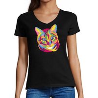 MyDesign24 T-Shirt Damen Katzen Print Shirt bedruckt - Katze in Ölfarben V-Ausschnitt Baumwollshirt mit Aufdruck Slim Fit, i125 von MyDesign24