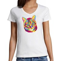 MyDesign24 T-Shirt Damen Katzen Print Shirt bedruckt - Katze in Ölfarben V-Ausschnitt Baumwollshirt mit Aufdruck Slim Fit, i125 von MyDesign24