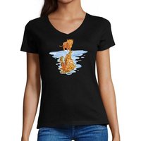 MyDesign24 T-Shirt Damen Katzen Print Shirt bedruckt - Katze spiegelt sich als Tiger Baumwollshirt mit Aufdruck, Slim Fit, i111 von MyDesign24