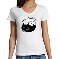 MyDesign24 T-Shirt Damen Katzen Print Shirt bedruckt - Yin Yang Katze Baumwollshirt mit Aufdruck, Slim Fit, i112 von MyDesign24