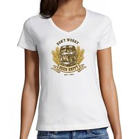 MyDesign24 T-Shirt Damen Oktoberfest Shirt - Don´t worry beer happy V-Ausschnitt Baumwollshirt mit Aufdruck Slim Fit, i301 von MyDesign24