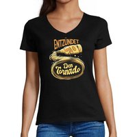 MyDesign24 T-Shirt Damen Oktoberfest T-Shirt - Entzündet den Tornado V-Ausschnitt Print Shirt Slim Fit, i302 von MyDesign24