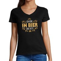 MyDesign24 T-Shirt Damen Oktoberfest T-Shirt - Ich Lebe im Bier und jetzt V-Ausschnitt Print Shirt Slim Fit, i307 von MyDesign24