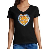 MyDesign24 T-Shirt Damen Oktoberfest T-Shirt - Lebkuchen Herz mit O´Zapft is V-Ausschnitt Print Shirt Slim Fit, i313 von MyDesign24