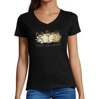 MyDesign24 T-Shirt Damen Oktoberfest T-Shirt - Schere, Wein, Paar Bier V-Ausschnitt Print Shirt Slim Fit, i321 von MyDesign24