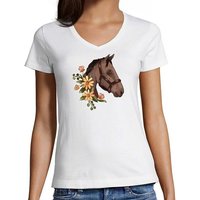 MyDesign24 T-Shirt Damen Pferde Print Shirt - Dunkelbraunes Pferd mit Blumenkranz V-Ausschnitt Baumwollshirt mit Aufdruck Slim Fit, i180 von MyDesign24