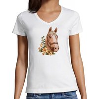 MyDesign24 T-Shirt Damen Pferde Print Shirt - Hellbraunes Pferd im Blumenkranz V-Ausschnitt Baumwollshirt mit Aufdruck Slim Fit, i179 von MyDesign24