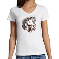 MyDesign24 T-Shirt Damen Pferde Print Shirt - I Love my Horse V-Ausschnitt Baumwollshirt mit Aufdruck Slim Fit, i165 von MyDesign24