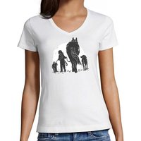 MyDesign24 T-Shirt Damen Pferde Print Shirt - Pferd mit Mädchen und Hunden V-Ausschnitt Baumwollshirt mit Aufdruck Slim Fit, i150 von MyDesign24