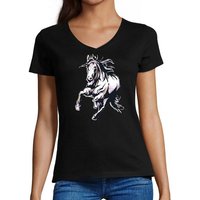 MyDesign24 T-Shirt Damen Pferde Print Shirt - Rennendes Pferd V-Ausschnitt Baumwollshirt mit Aufdruck Slim Fit, i168 von MyDesign24