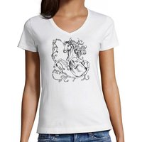 MyDesign24 T-Shirt Damen Pferde Print Shirt - Springendes Pferd mit Ranken V-Ausschnitt Baumwollshirt mit Aufdruck Slim Fit, i146 von MyDesign24