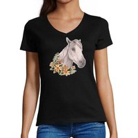 MyDesign24 T-Shirt Damen Pferde Print Shirt - Weißes Pferd mit Blumenkranz V-Ausschnitt Baumwollshirt mit Aufdruck Slim Fit, i178 von MyDesign24