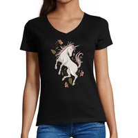 MyDesign24 T-Shirt Damen Pferde Print Shirt bedruckt - Einhorn mit Blumen V-Ausschnitt Baumwollshirt mit Aufdruck, Slim Fit, i186 von MyDesign24