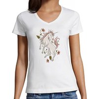 MyDesign24 T-Shirt Damen Pferde Print Shirt bedruckt - Einhorn mit Blumen V-Ausschnitt Baumwollshirt mit Aufdruck, Slim Fit, i186 von MyDesign24