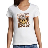 MyDesign24 T-Shirt Damen Smiley Print Shirt - Lächelnder Cowboy Smiley V-Ausschnitt Baumwollshirt mit Aufdruck Slim Fit, i289 von MyDesign24