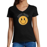 MyDesign24 T-Shirt Damen Smiley Print Shirt - Lächelnder Smiley Happy Times V-Ausschnitt Baumwollshirt mit Aufdruck Slim Fit, i293 von MyDesign24