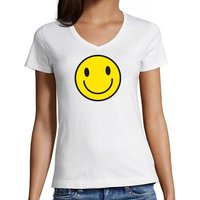 MyDesign24 T-Shirt Damen Smiley Print Shirt - Lächelnder Smiley V-Ausschnitt Baumwollshirt mit Aufdruck Slim Fit, i281 von MyDesign24