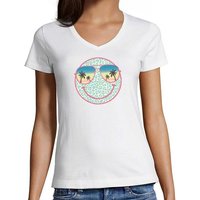 MyDesign24 T-Shirt Damen Smiley Print Shirt - Lächelnder Sommer Smiley V-Ausschnitt Baumwollshirt mit Aufdruck Slim Fit, i296 von MyDesign24