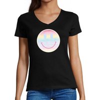 MyDesign24 T-Shirt Damen Smiley Print Shirt - Lächelnder pastellfarbener Smiley V-Ausschnitt Baumwollshirt mit Aufdruck Slim Fit, i297 von MyDesign24