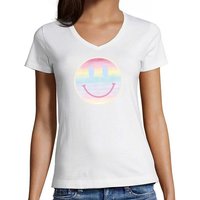 MyDesign24 T-Shirt Damen Smiley Print Shirt - Lächelnder pastellfarbener Smiley V-Ausschnitt Baumwollshirt mit Aufdruck Slim Fit, i297 von MyDesign24
