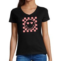 MyDesign24 T-Shirt Damen Smiley Print Shirt - Smiley mit Herzaugen und Schachbrettmuster V-Ausschnitt Baumwollshirt mit Aufdruck Slim Fit, i290 von MyDesign24